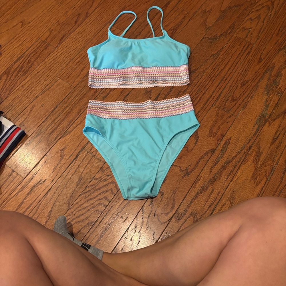Turquoise Bikini Set with Multicolor Stripes size small